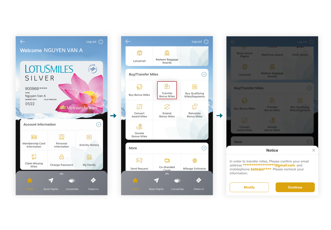 Instructions for transferring bonus miles on the app 2.